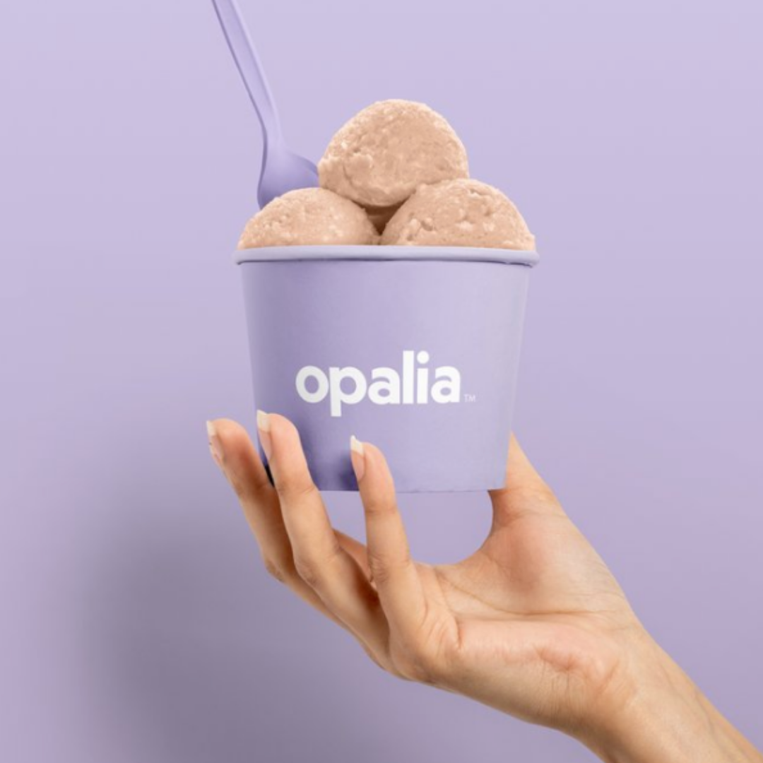 Purple bowl with "Opalia" written on it and three scoops of ice cream.